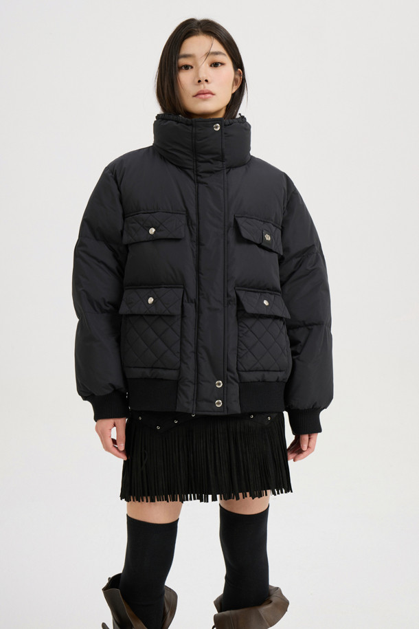 LUCKY CHOUETTE - 패딩 - Band Neck Fur Out Pocket Goose Down Jumper (black)