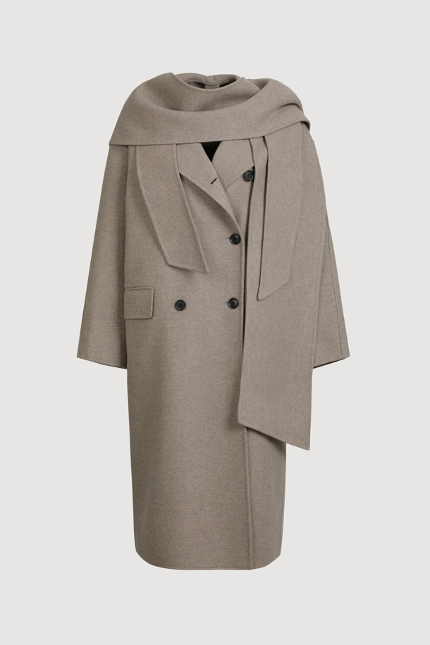 LUCKY CHOUETTE - 코트 - [Atelier] Handmade Detachable Muffler Double Long Coat (melange beige)