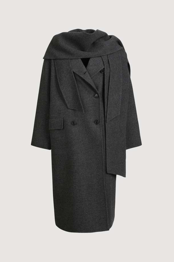 LUCKY CHOUETTE - 코트 - [Atelier] Handmade Detachable Muffler Double Long Coat (melange grey)