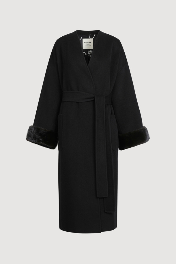 LUCKY CHOUETTE - 코트 - [Atelier] Handmade Detachable Fur Sleeve Belt Long Coat (black)