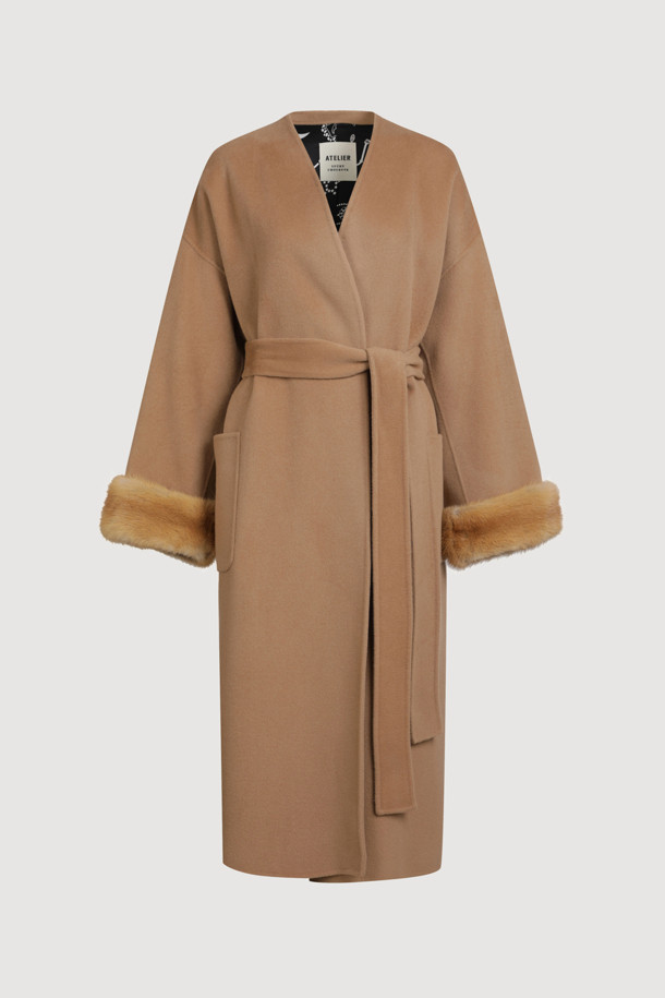 LUCKY CHOUETTE - 코트 - [Atelier] Handmade Detachable Fur Sleeve Belt Long Coat (camel)