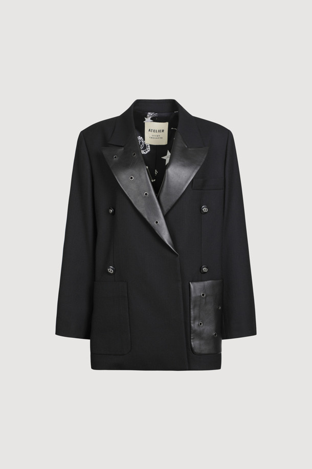 LUCKY CHOUETTE - 자켓 - [Atelier] Leather Collar Wool Polyester Herringbone Jacket (black)