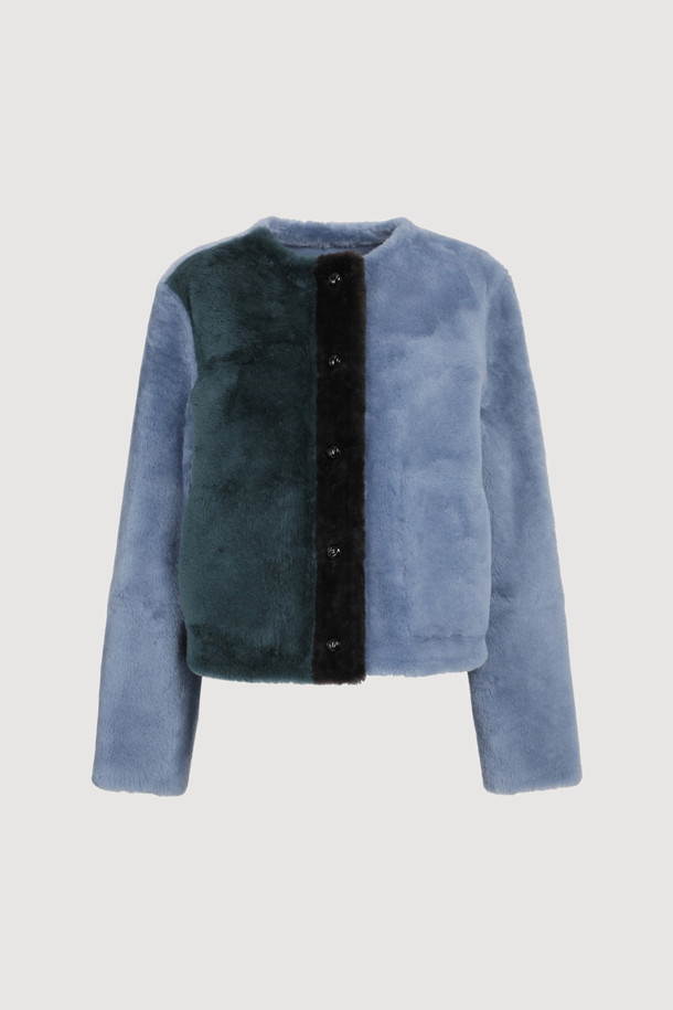 LUCKY CHOUETTE - 레더 자켓 - [Atelier] Color Block RVS No Collar Mustang Jacket (blue)