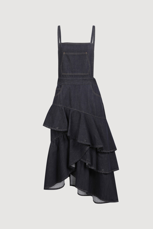 LUCKY CHOUETTE - 롱스커트 - [Atelier] Eyelet Suspender Denim Skirt (dark blue)