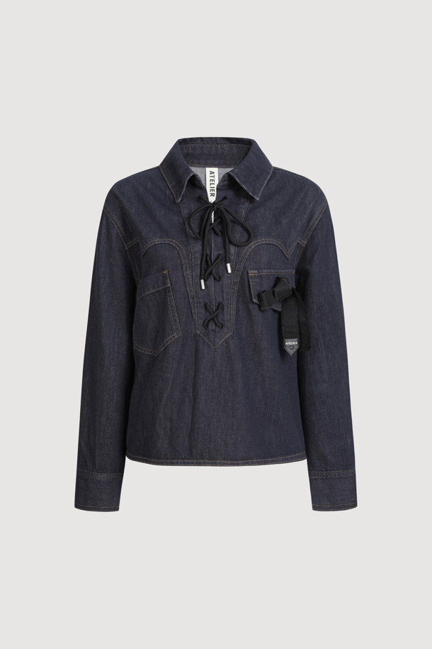 LUCKY CHOUETTE - 블라우스 - [Atelier] String Decoration Denim Shirt (dark blue)