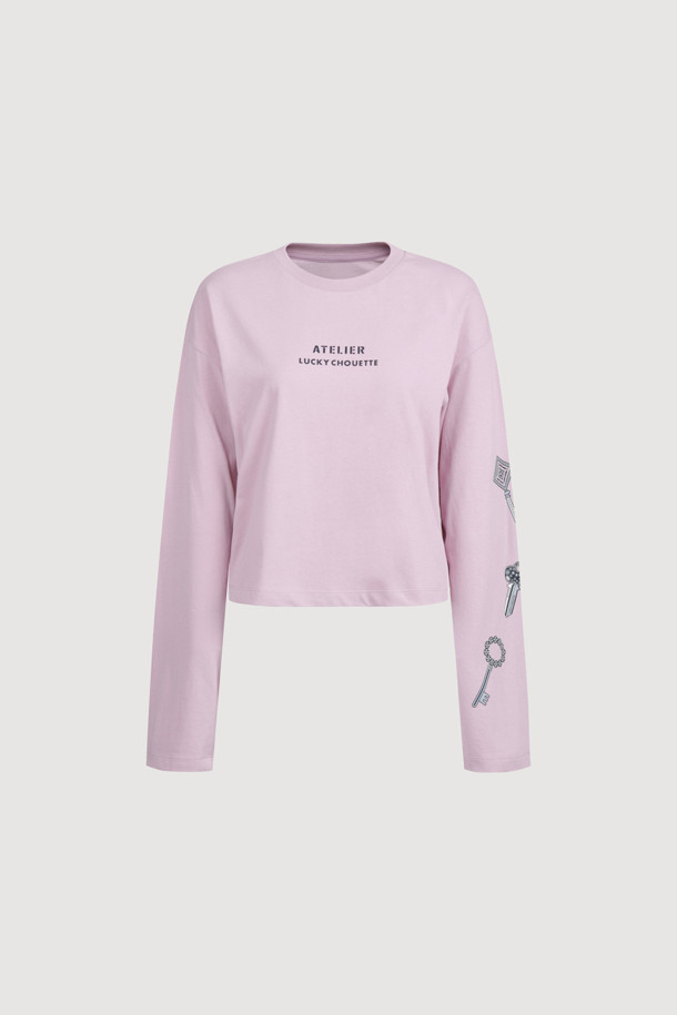 LUCKY CHOUETTE - 긴소매 티셔츠 - [Atelier] Printed Long-Sleeve Crop T-Shirt (pink)