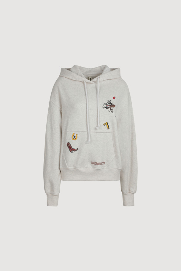 LUCKY CHOUETTE - 긴소매 티셔츠 - [Atelier] Print Point Hooded T-Shirt (oatmeal)