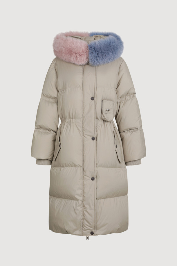 LUCKY CHOUETTE - 패딩 - [Atelier] Color Block Fox Trimming Long Goose Down Coat (light khaki)