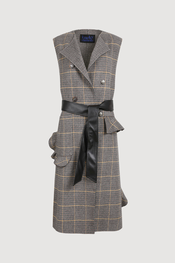 LUCKY CHOUETTE - 베스트 - [Handmade] Option Belt Checkered Long Vest (brown)