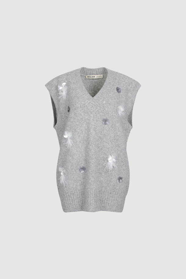 LUCKY CHOUETTE - 베스트 - [Atelier] Flower Decorated V-neck Knit Vest (melange grey)