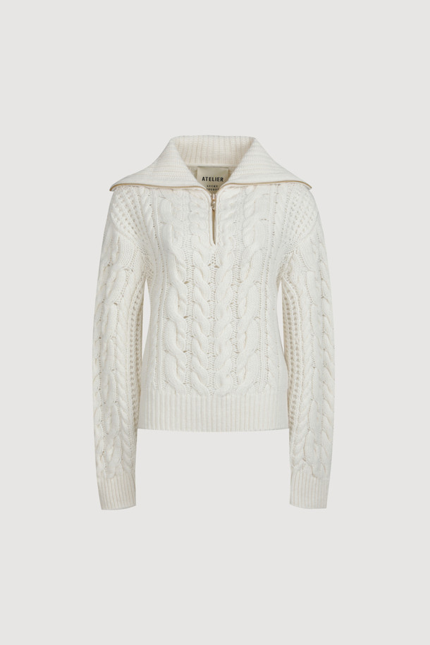 LUCKY CHOUETTE - 스웨터 - [Atelier] Cable Collar Neck Zipper knit Pullover (ivory)