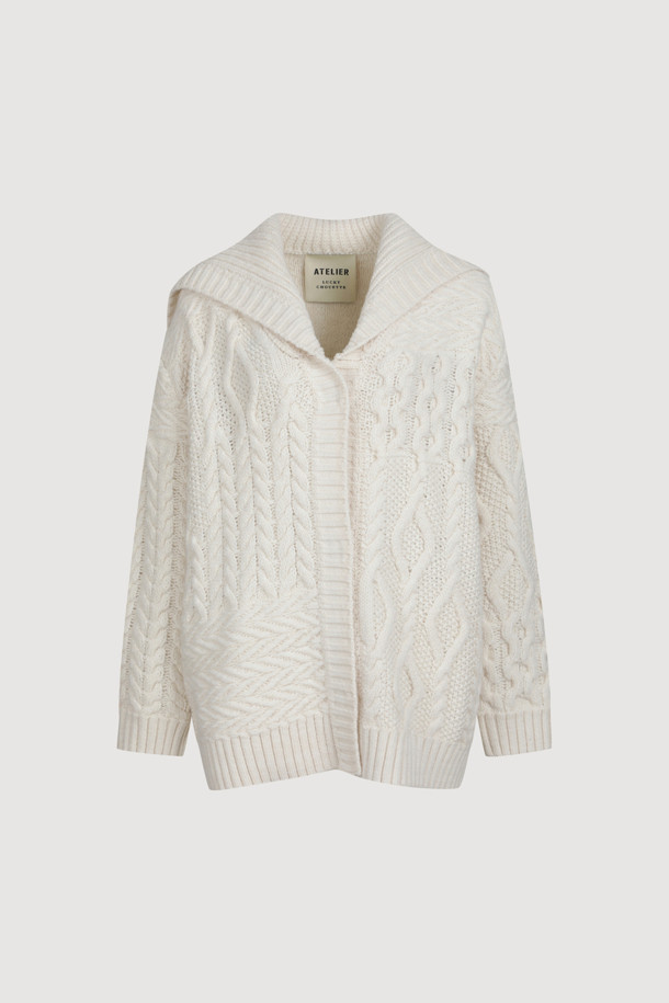 LUCKY CHOUETTE - 가디건 - [Atelier] Sailor Cable Half Length Knit Cardigan (light ivory)