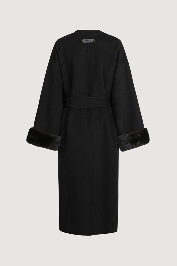 LUCKY CHOUETTE - 코트 - [Atelier] Handmade Detachable Fur Sleeve Belt Long Coat (black)