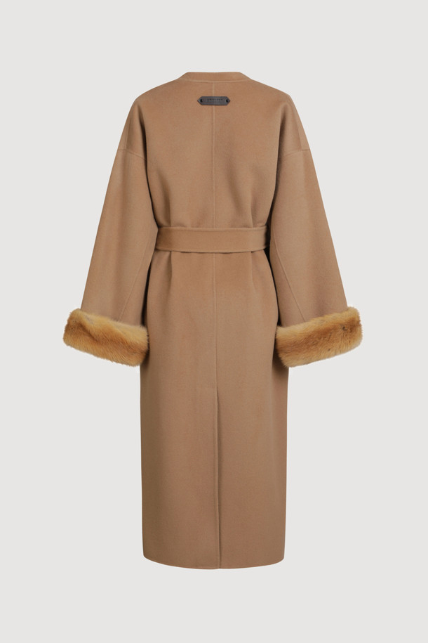 LUCKY CHOUETTE - 코트 - [Atelier] Handmade Detachable Fur Sleeve Belt Long Coat (camel)