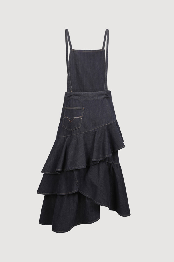 LUCKY CHOUETTE - 롱스커트 - [Atelier] Eyelet Suspender Denim Skirt (dark blue)