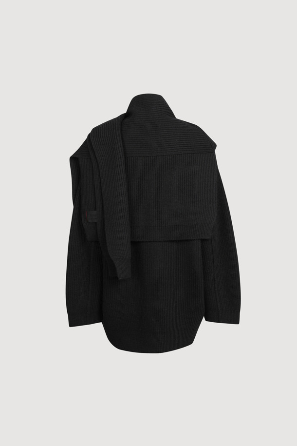 LUCKY CHOUETTE - 가디건 - [Atelier] Big Pocket Muffler Option Half Knit Cardigan (black)