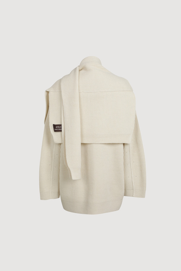 LUCKY CHOUETTE - 가디건 - [Atelier] Big Pocket Muffler Option Half Knit Cardigan (ivory)