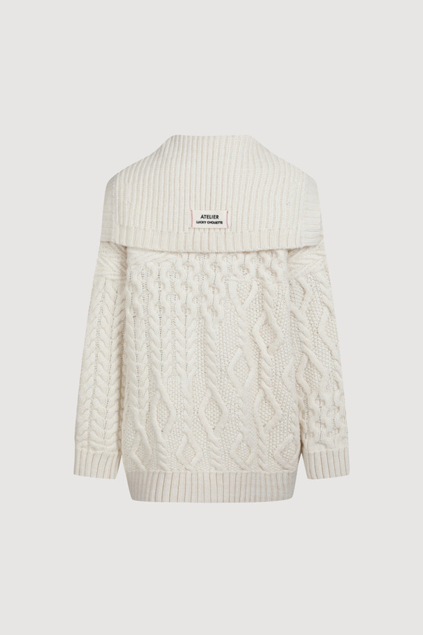 LUCKY CHOUETTE - 가디건 - [Atelier] Sailor Cable Half Length Knit Cardigan (light ivory)