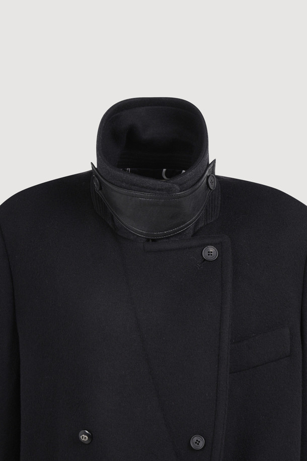 LUCKY CHOUETTE - 코트 - [Atelier] Leather Button Double Half Coat (black)