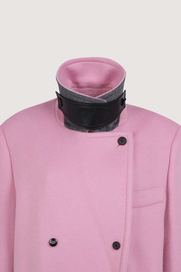 LUCKY CHOUETTE - 코트 - [Atelier] Leather Button Double Half Coat (pink)