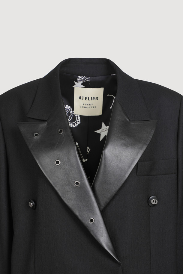 LUCKY CHOUETTE - 자켓 - [Atelier] Leather Collar Wool Polyester Herringbone Jacket (black)