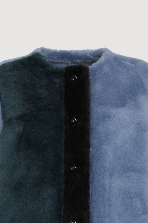 LUCKY CHOUETTE - 레더 자켓 - [Atelier] Color Block RVS No Collar Mustang Jacket (blue)