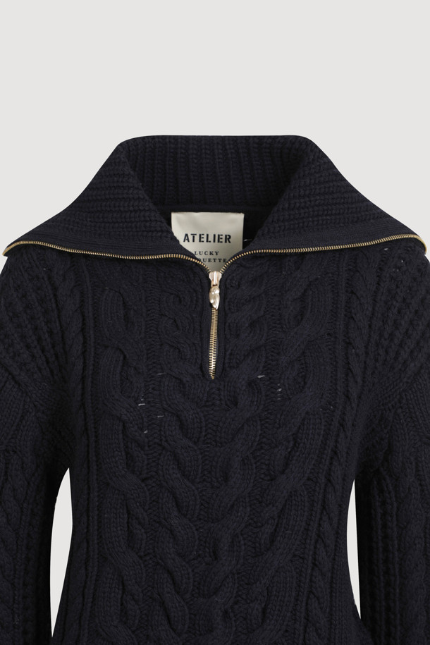 LUCKY CHOUETTE - 스웨터 - [Atelier] Cable Collar Neck Zipper knit Pullover (dark navy)