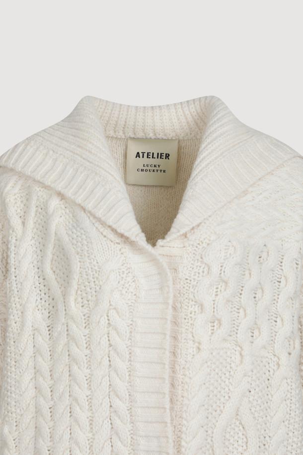 LUCKY CHOUETTE - 가디건 - [Atelier] Sailor Cable Half Length Knit Cardigan (light ivory)