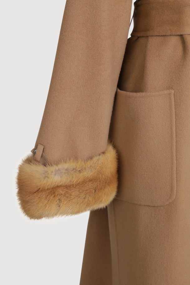 LUCKY CHOUETTE - 코트 - [Atelier] Handmade Detachable Fur Sleeve Belt Long Coat (camel)