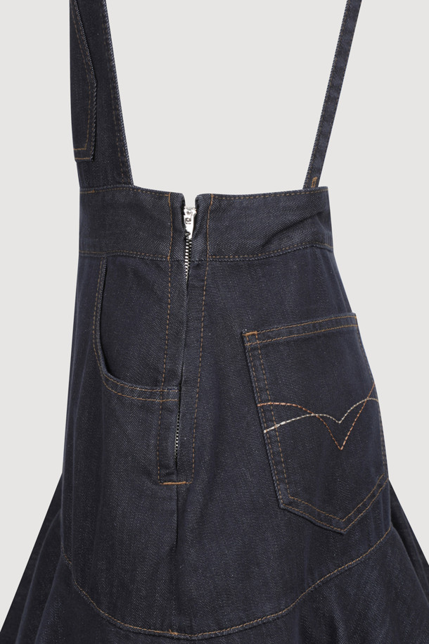 LUCKY CHOUETTE - 롱스커트 - [Atelier] Eyelet Suspender Denim Skirt (dark blue)