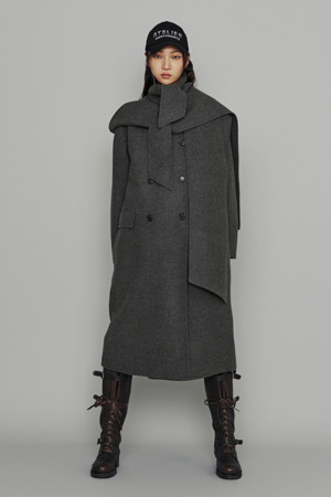 [Atelier] Handmade Detachable Muffler Double Long Coat (melange grey)