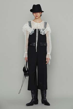 [Atelier] Fake Leather Block Stripe Jumpsuit