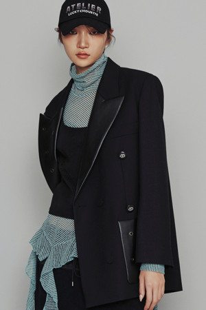 [Atelier] Leather Collar Wool Polyester Herringbone Jacket (black)