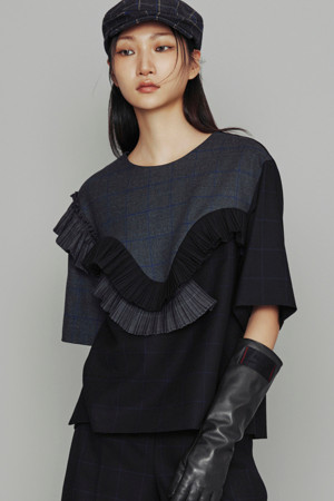 [Atelier] Pleats Point Check Mix Half Sleeve Blouse (multi color)