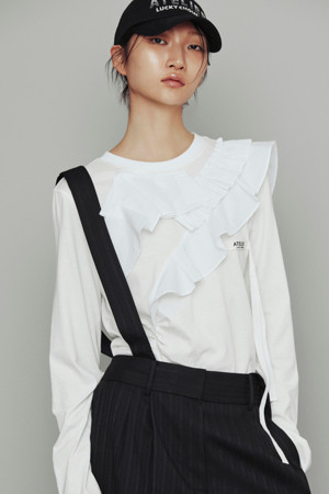 [Atelier] Woven Frill Point Long Sleeve T-Shirt (white)