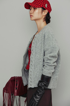 [Atelier] Front Beading Back Lettering Jumper-Type Cardigan (light grey)