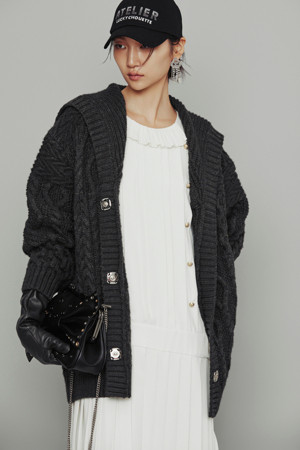 [Atelier] Sailor Cable Half Length Knit Cardigan (light grey)