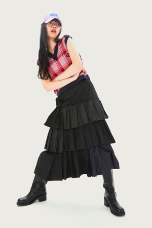 Denim Color Banded Waist Pleats Long Skirt