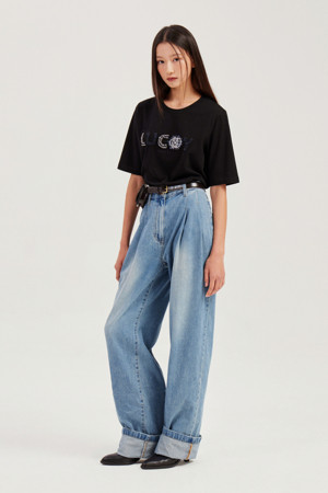 Hem Turn-up Two-tuck Denim Pants