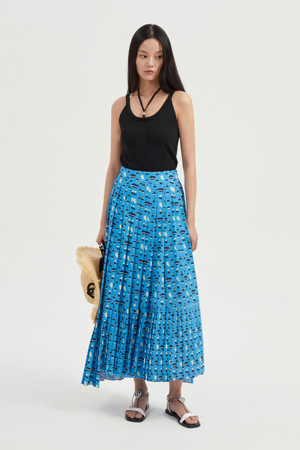 Pleats Mix Printed Back Banding Long Skirt