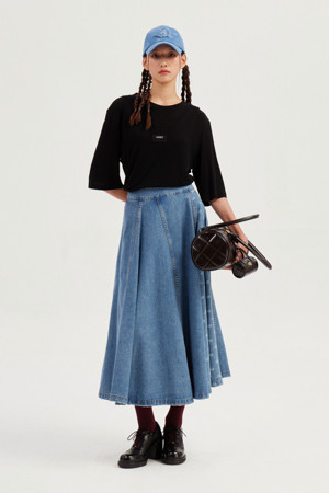 Printed Color Denim Hool Long Denim Skirt