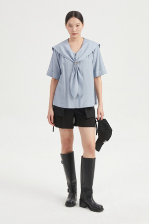 Sailor Collar Rayon Half Sleeve Blouse