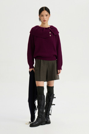 Single Neck Ruffle Knit Pullover (wine)