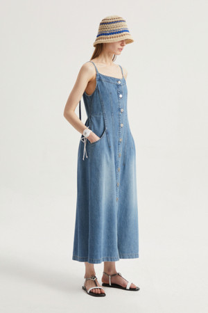 Strap-Decorated Sleeveless Denim Long Dress