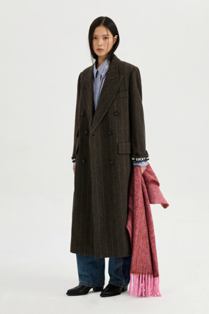 Herringbone Stripe Gang Collar Long Coat (brown)