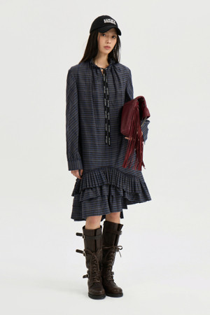 Shirring Collar Checkered Dress (multi color)