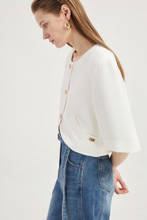 Round-Neck Short-Sleeved Cropped Polyester Jacket