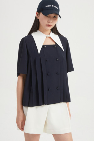 Poly Pleats Half Sleeve Blouse (Detachable Collar)