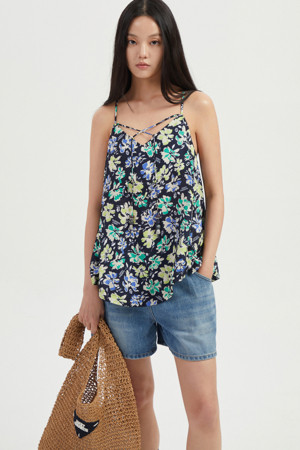 Volume Hem Flower Print Sleeveless Blouse