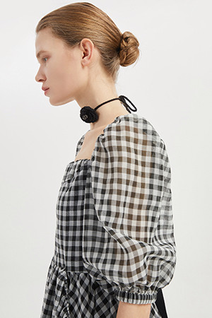 [Atelier] Back Ribbon Checkered Short Sleeve Blouse